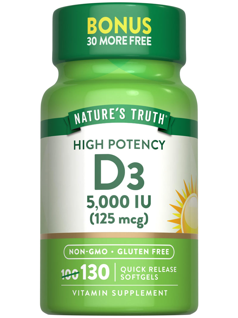 Nature's Truth Vitamin D3 5000 IU Softgels 130 Count | High Potency Vitamin D | Non-GMO, Gluten Free 130 Count (Pack of 1)