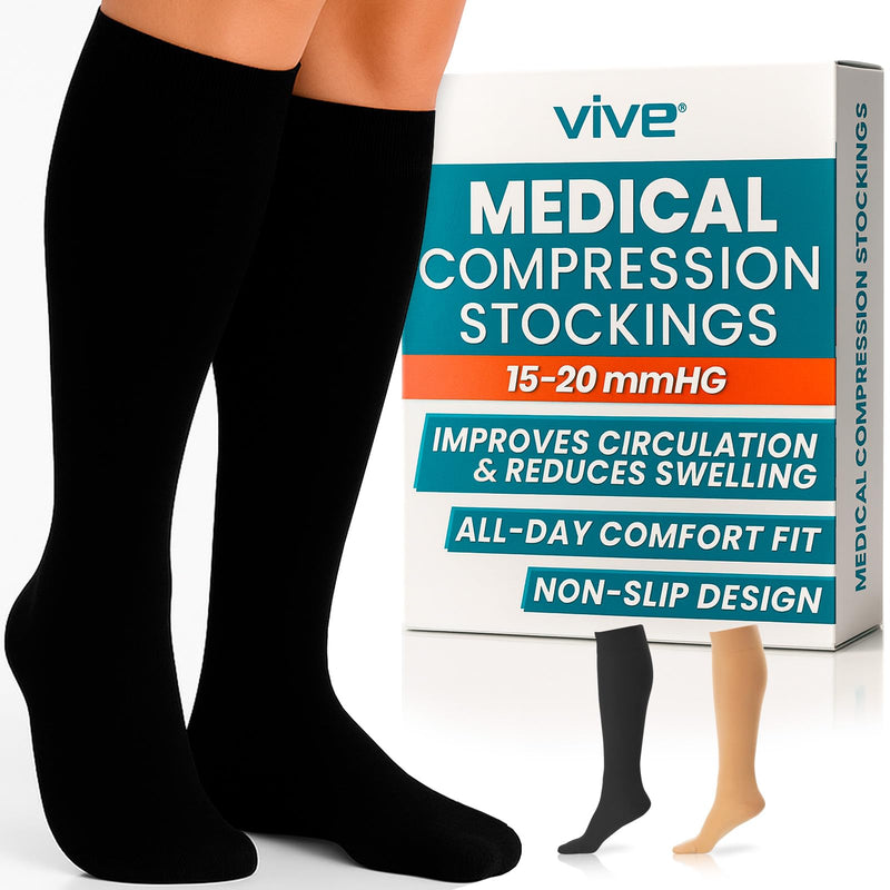Vive Knee High Compression Socks for Women & Men – 15-20mmHg Medical Medium Black