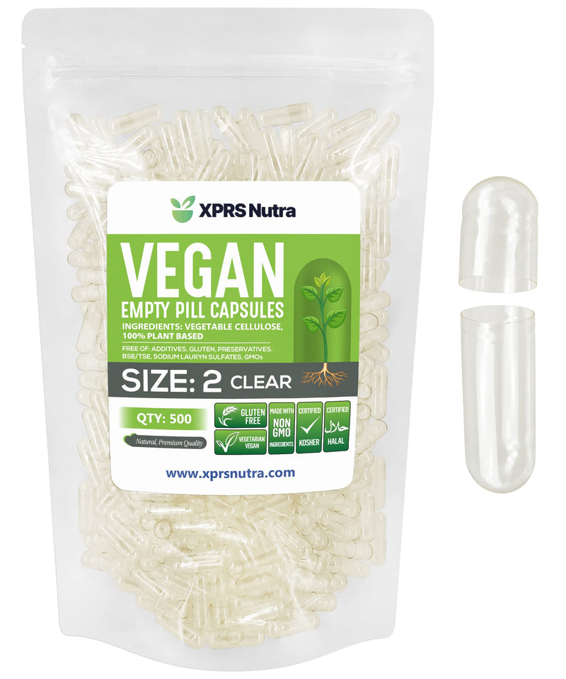 XPRS Nutra Size 2 Empty Capsules - 500 Clear Empty Vegan Capsules - Vegetarian Pill - Do-It-Yourself Vegetable Caps Filling for Supplements and Vitamins - Veggie Pills 500 Count (Pack of 1)