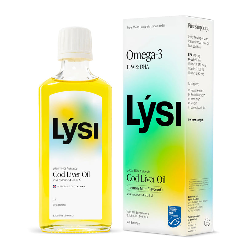 LYSI Icelandic Cod Liver Oil Liquid Supplement, Mint, 8.12 fl oz | 1,100 mg omega-3 per tsp, EPA 740 mg & DHA 920 mg per 2 tsp, vitamins A, D & E, 24 servings