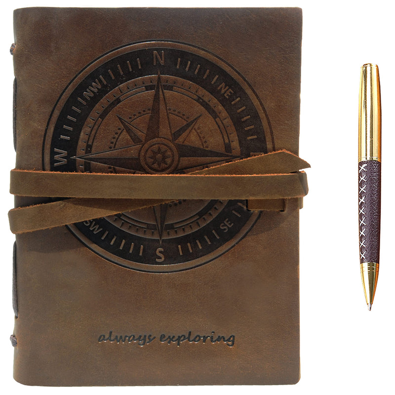 Leather Bound Journal for Men and Women, Handmade Gift Set with Nautical Compass Embossed Journal and Stylish Pen, Vintage and Classic, Notebook, Sketchbook, Planner and Diary (300 Pages) (8x6") - BeesActive Australia