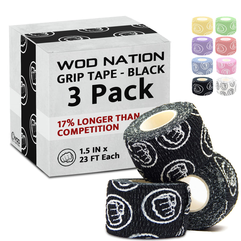 WOD Nation Flexible Hook-Grip Athletic Tape – Easy-Tear, Sweat-Proof Thumb & Finger Strips for Weightlifting 3 Pack Black - BeesActive Australia