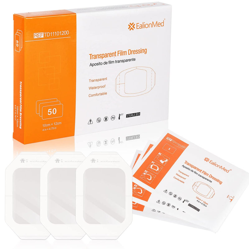 EalionMed Transparent Dressing, Wound Bandage, Adhesive Patch, 4'' x 4.75'', 50 Pack, Clear, Breathable, Comfortable, Shower Shield, Tattoo Bandage 50 Count (Pack of 1) - BeesActive Australia