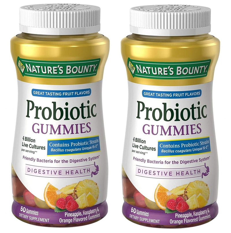 Probiotic Gummies by Nature's Bounty, Dietary Supplement, For Digestive Health, Natural Fruit Flavors, 2 Pack, 120 Gummies Pineapple, Raspberry & Orange 60 Count (Pack of 2)