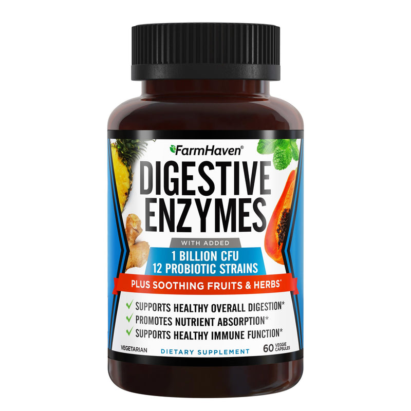 FarmHaven Digestive Enzymes with 18 Probiotics & Herbs, 60 Capsules | Papaya, Bromelain, Protease & More for Lactose Absorption and Better Digestion - Helps Relieve Bloating, Gas and Constipation