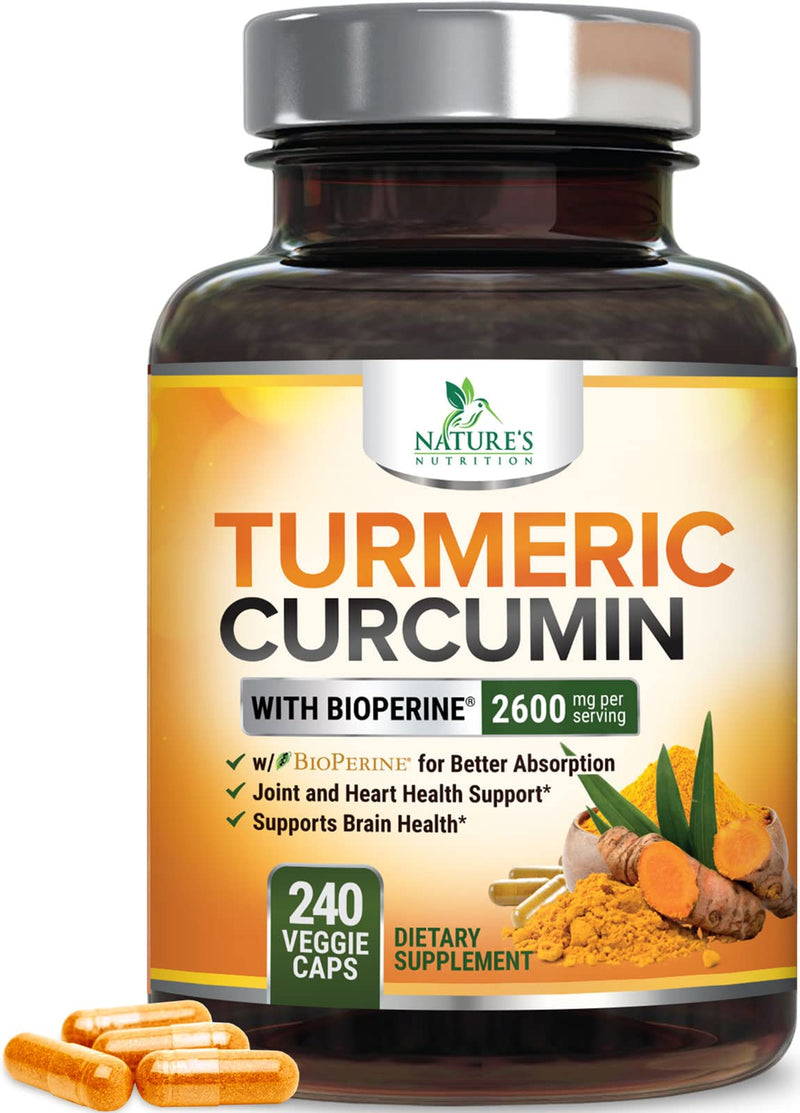 Turmeric Curcumin Supplement with BioPerine 95% Curcuminoids 2600mg with Black Pepper for Best Absorption, Bottled in USA, Best Natural Vegan Joint Support, Nature's Tumeric Capsules - 240 Capsules 240 Count (Pack of 1) - BeesActive Australia