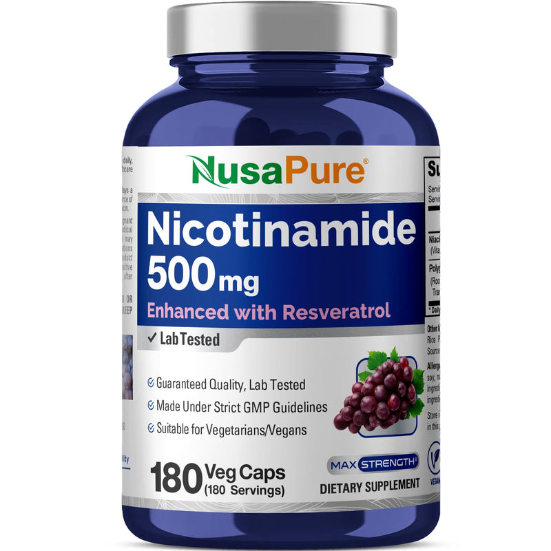 Nicotinamide & Vitamin B-3, Non-GMO, Vegan, 500mg, 180 Caps - 180 Servings | Niacin & Trans Resveratrol, Dietary Supplement Formula, Suitable for Adults, Manufactured in a cGMP Registered Facility USA