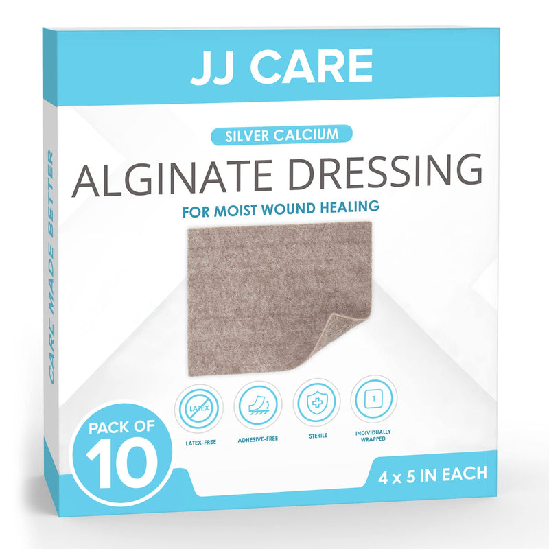 JJ CARE Silver Calcium Alginate Wound Dressing (Pack of 10) 4x5, Silver Alginate Wound Dressing Individually Packed, Highly Absorbent Non-Adherent Bandages for Wound Care 4x5 Inch (Pack of 10)