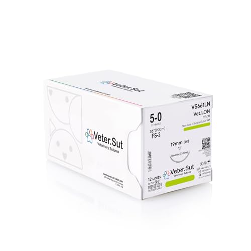 VeterSut VetLON Non-Absorbable Nylon Surgical Suture USP Size 5-0, (FS-2) 3/8 19mm Reverse Cutting Needle, 36 Inches (90 cm), 12 Count, Veterinary Use