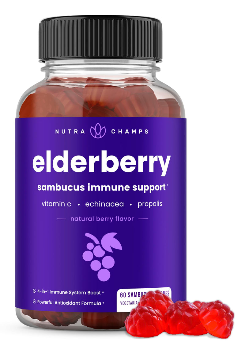 NutraChamps Elderberry Gummies with Vitamin C, Propolis & Echinacea - Immune System Support Gummy Vitamins for Adults & Kids - Max Strength 200mg Sambucus Antioxidant 60 Count (Pack of 1)