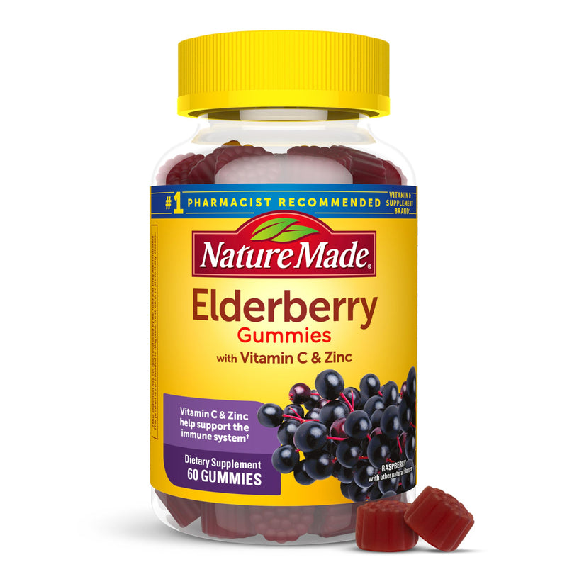 Nature Made Elderberry Gummies with Vitamin C & Zinc, 60 Elderberry Gummies | Dietary Supplement for Antioxidant and Immune Support, Suitable for Vegetarians, Raspberry Flavor, 30 Day Supply 60 Count (Pack of 1)
