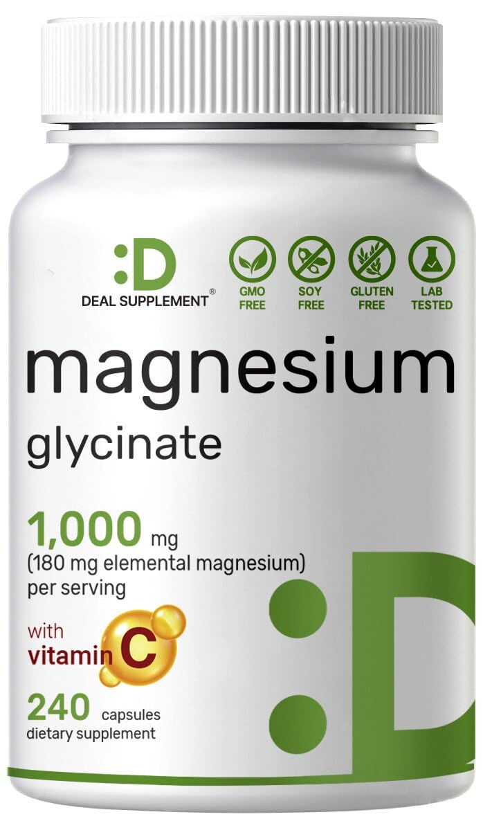 Magnesium Glycinate 500mg Per Capsule (1000mg Per Serving) Plus Vitamin C, 240 Capsules – 100% Chelated for Easy Absorption – Essential Mineral Supplement