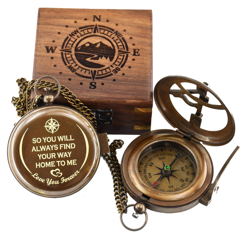 So You Can Always Find Your Way Back to Me - Personalized Sundial Compass with Wooden Box Luxury Gift - Anniversary Sundial Compass - Brass Compass Personalised Gifts for Men