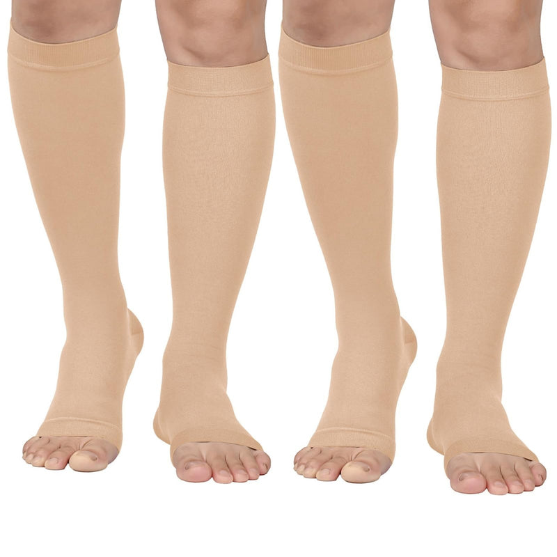 MGANG® 20-30 mmHg Compression Stockings for Men and Women, 2 Pairs Medical Compression Socks, Knee High Length, Open Toe, Opaque, Support Hose for Varicose Veins, Oedema, Swelling, Beige Medium 1 Pair Beige + 1 Pair Beige - BeesActive Australia