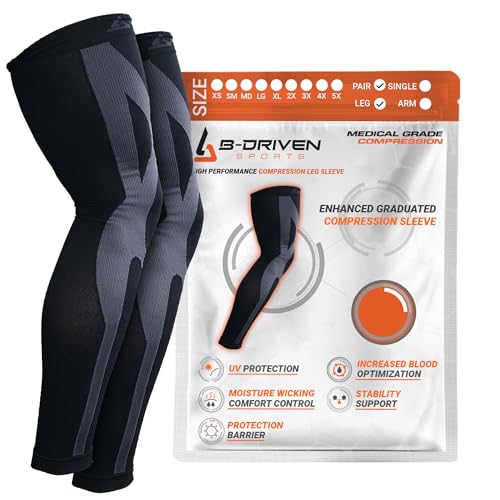 B-Driven Sports Full Leg Compression Sleeves, Graduated Compression 20-30mmHg, Thigh to Ankle, Medical Grade, Calf, Knee, Varicose Veins, Running, Sports, Men & Women - 1 Pair Medium