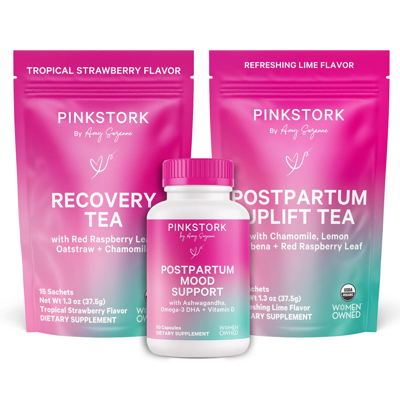 Pink Stork Postpartum Essentials Kit for New Moms - Mood Support | Hormone Balance & Recovery, Postnatal Vitamins with Ashwagandha, Herbal Teas for Stress, Energy & Sleep, Vegan