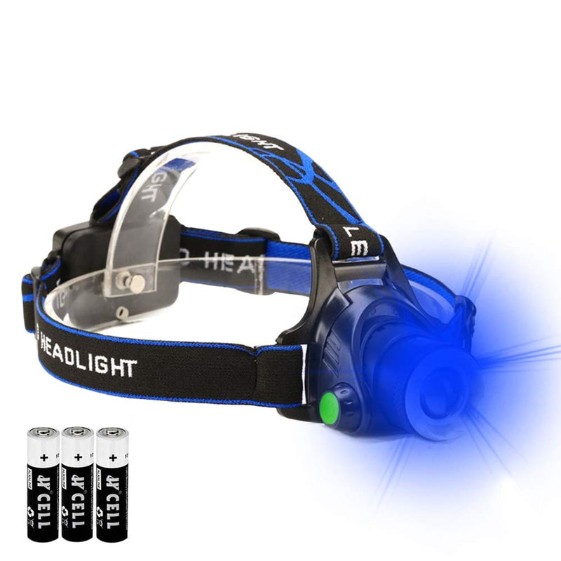 Blue LED Headlamp Flashlight Water Resistant Zoomable 3 Modes Blue Head Lamp for Fishing Hunting Outdoor Activities