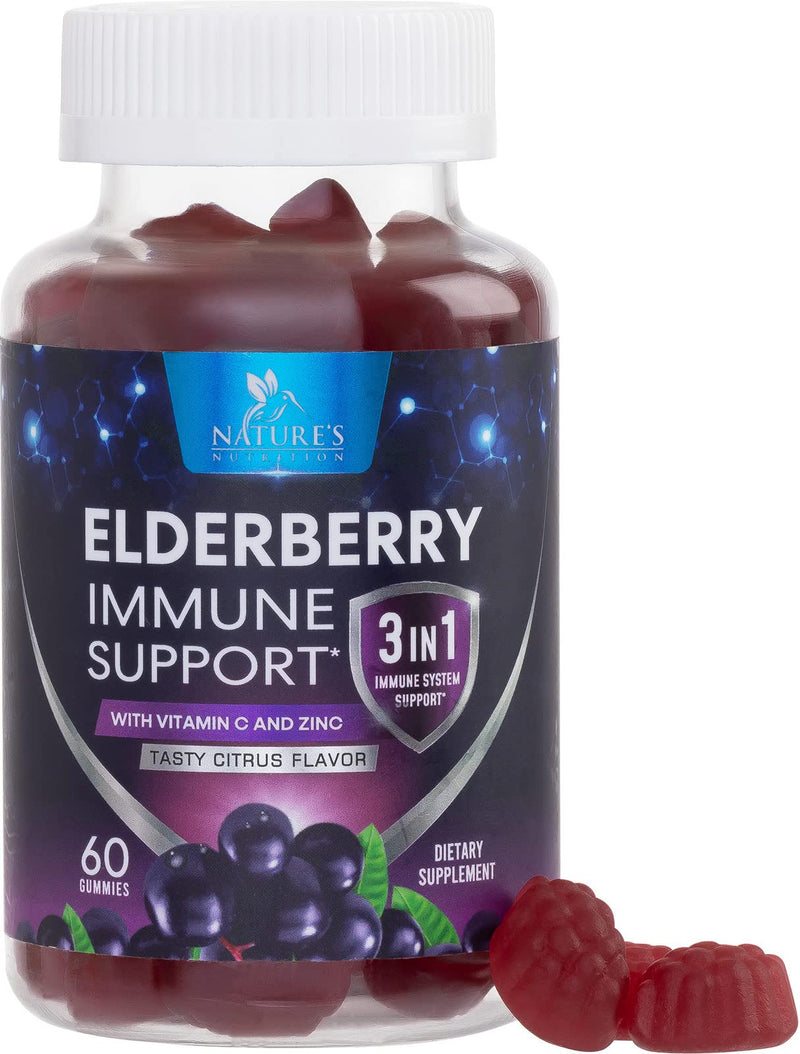 Elderberry Immune Support Gummies - 3X Strength Black Elderberry Gummy with Vitamin C, D3 and Zinc for Kids & Adults - Immune Health Support Supplement Gummy, Black Elder Berry Vitamins - 60 Gummies 60 Count (Pack of 1)