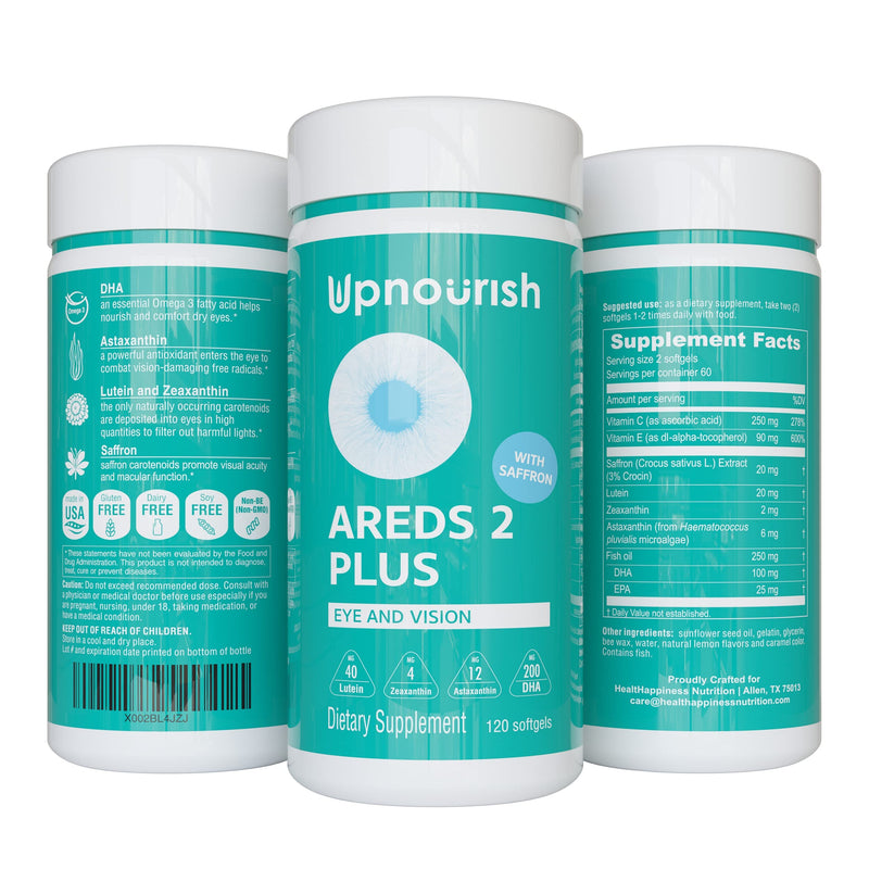 UpNourish AREDS 2+ - Advanced Eye Vitamin Supplement for Macular Health and Dry Eye - Lutein, Zeaxanthin, Saffron, Astaxanthin & DHA - Supports Eye Strain, Pressure, Night Vision - 120 softgels - BeesActive Australia