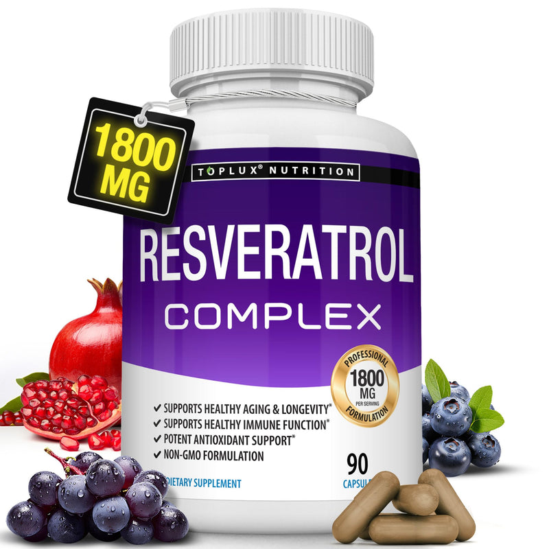 Resveratrol Supplement 1800 mg Antioxidant Complex - Highly Potent Natural Trans-Resveratrol Pills for Healthy Aging, Overall Health Support, Immune System, Brain Function, for Men Women, 90 Capsules 90 Count (Pack of 1)
