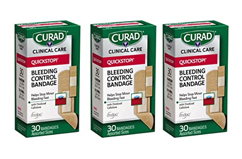 Curad Quickstop Flex-Fabric Bandages, Quickstop Bleeding Control Technology, Assorted Sizes, 30 Count (Pack of 3) 30 Count (Pack of 3)