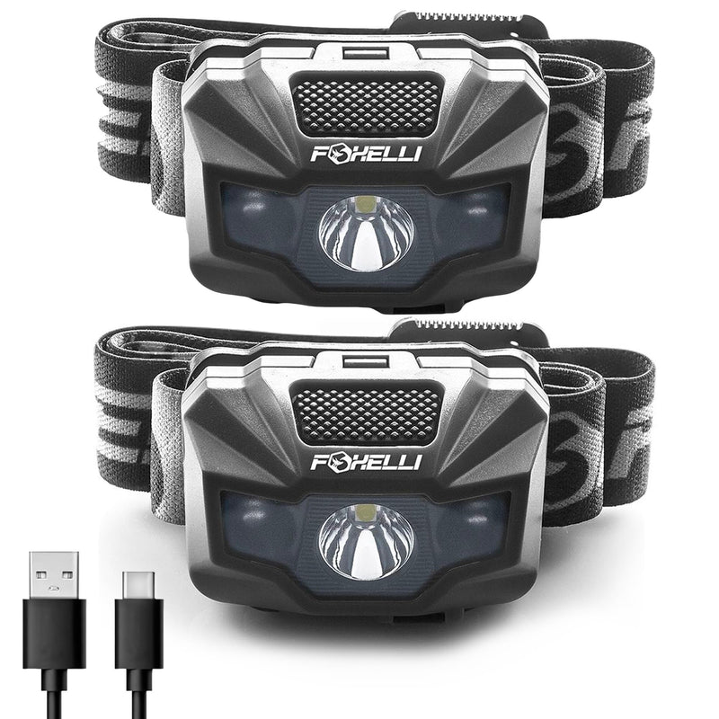 Foxelli USB‑C Rechargeable LED Headlamp – Ultra‑Light 2.4 oz & Bright 180 Lumens – Red/White Light, 5 Modes, IPX5 Waterproof, 40 h Runtime for Trail Running, Camping, Hiking 2-Pack Black
