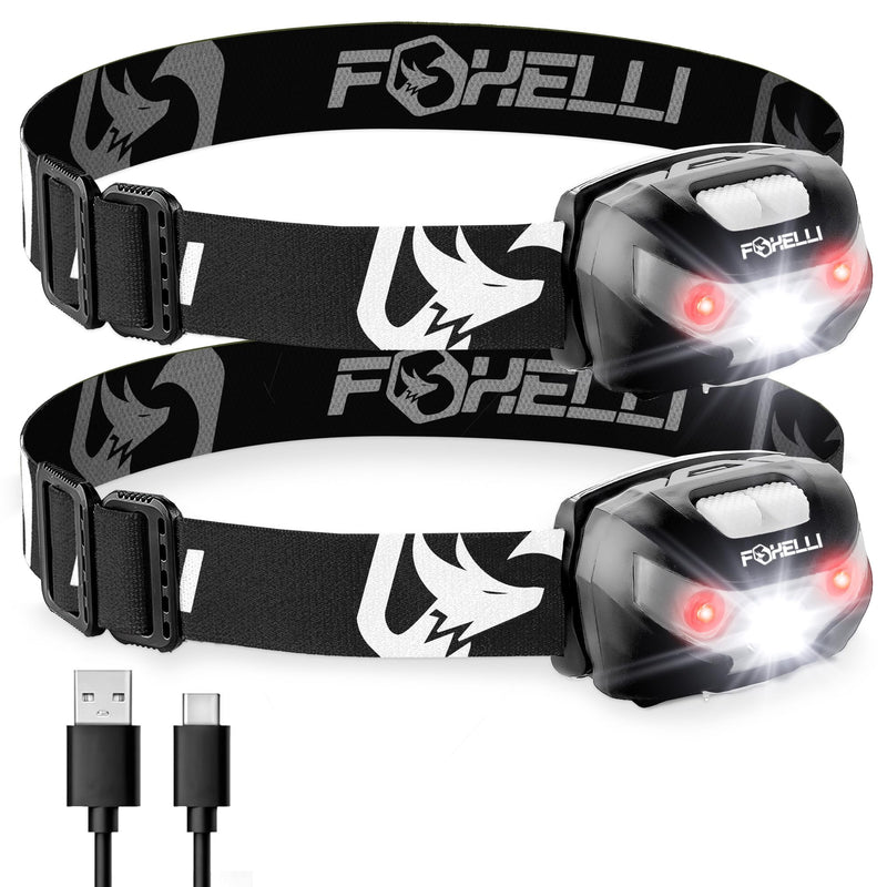 Foxelli USB-C Rechargeable LED Headlamp – Super Bright, Lightweight Head Lamp for Running, Camping, Hiking & Work – Comfortable Fit for Adults & Kids 2-Pack Black - BeesActive Australia