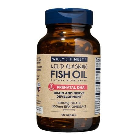 Wiley's Finest Wild Alaskan Fish Oil Prenatal DHA, 120 Count (Pack of 1) | Prenatal Softgels, 300 mg EPA and 600 mg DHA, Supports Brain and Nerve Development - For Pregnant Women and Nursing Mothers 120 Count (Pack of 1)