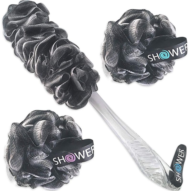 Loofah-Charcoal Back-Scrubber & Bath-Sponges by Shower Bouquet: 1 Long-Handle-Back-Brush Plus 2 Extra Large 75g Soft Mesh Poufs, Men & Women - Exfoliate with Full Pure Cleanse in Bathing Accessories Charcoal Black - BeesActive Australia