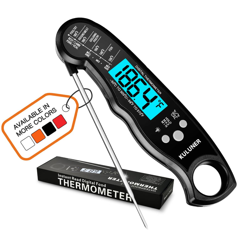 KULUNER TP-01 Waterproof Digital Instant Read Meat Thermometer with 4.6 Folding Probe Backlight Calibration Function for Cooking Food Candy, BBQ Grill, Liquids,Beef(Black) Black - BeesActive Australia