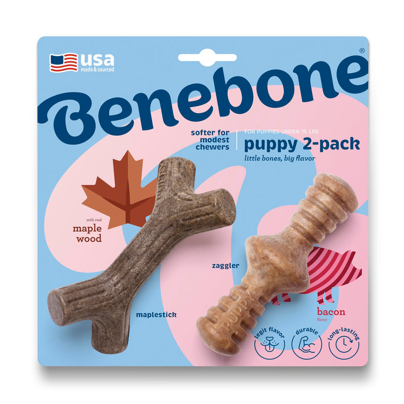 Benebone Puppy 2-Pack Maplestick/Zaggler Durable Dog Chew Toys for Gentle Chewers, Real Bacon, Real Maplewood, Made in USA, Tiny - BeesActive Australia