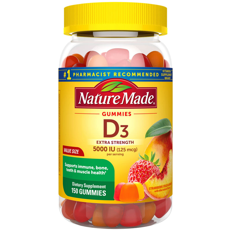 Nature Made Extra Strength Vitamin D3 5000 IU (125 mcg) per serving, Dietary Supplement for Bone, Teeth, Muscle and Immune Health Support, 150 Gummies, 75 Day Supply Strawberry, Peach, Mango 150 Count (Pack of 1) - BeesActive Australia