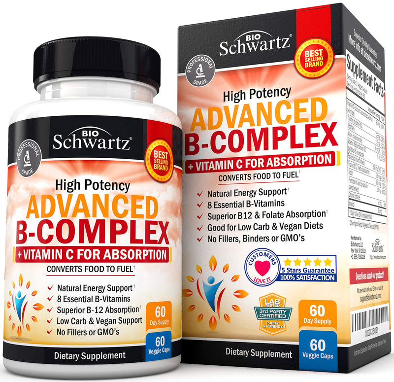 Vitamin B Complex with Vitamin C for Maximum Absorption, 60 Capsules | Methylcobalamin b12 & Folate Folic Acid Supplement - B1 B2 B3 B5 B6 B7 B9 for Energy, Immune & Nervous System Support 60 Count (Pack of 1)