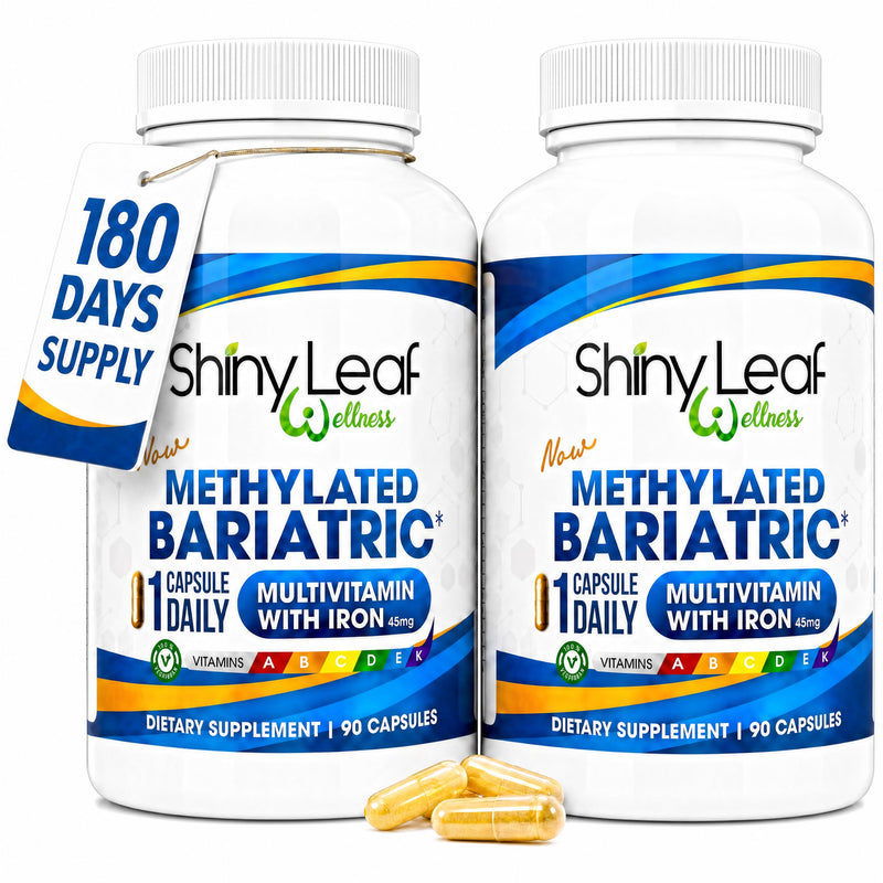 Shiny Leaf Bariatric Multivitamin with Iron 45 mg, Once Daily, 180 Count | Vitamins A, D, E, K, methylated folate and B12, meets ASMBS guidelines, vegetarian, soy-free, easy-swallow capsules 90 Count (Pack of 2)