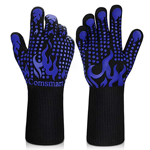 Comsmart BBQ Gloves, 1472F Heat Resistant Silicone Non-Slip Oven Mitts, Long Kitchen Gloves Perfect for Grilling, Cooking, Baking, Cutting, Blue