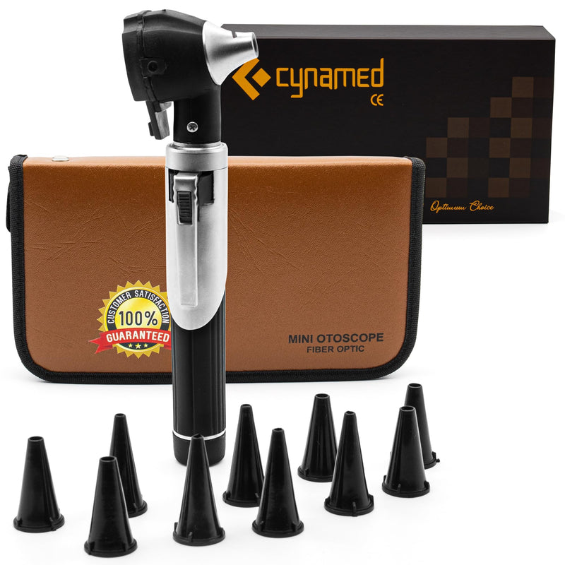 Cynamed Mini Otoscope - Portable Ear Light and Exam Kit for Home and Professional Use - 4X Magnifying Fiber Optic Scope with Spare Tips, Bulb, and Carrying Case - Pocket Diagnostic Equipment (Black) Black - BeesActive Australia