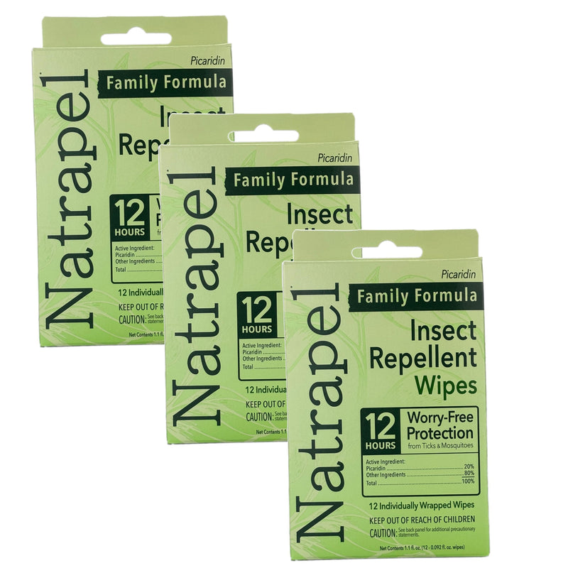 Natrapel Tick & Insect Repellent Wipes - Bug Spray with 20% Picaridin - Family Protection Against Mosquitoes, Ticks & More - Up to 12 Hours of Protection - 12 Wipes (3 Pack) - BeesActive Australia