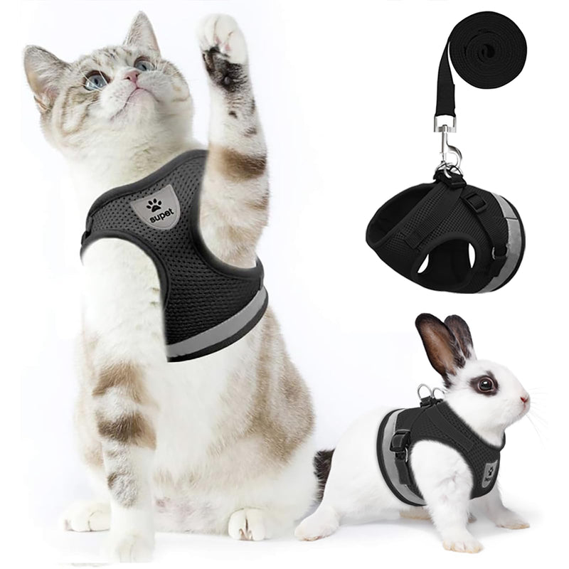 Supet Cat Harness and Leash Set for Walking and Small Dog Soft Mesh Harness Adjustable Vest with Reflective Strap Comfort Fit for Pet Kitten Puppy Rabbit M (Chest: 12.5" - 15.5") Black - BeesActive Australia