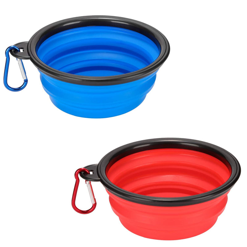 Pack of 2 Large Size Collapsible Dog Bowl, Food Grade Silicone BPA Free, with Carabiner Clip Foldable Expandable Cup Dish for Pet Cat Food Water Feeding Portable Travel Bowl (Blue & Red) Blue & Red