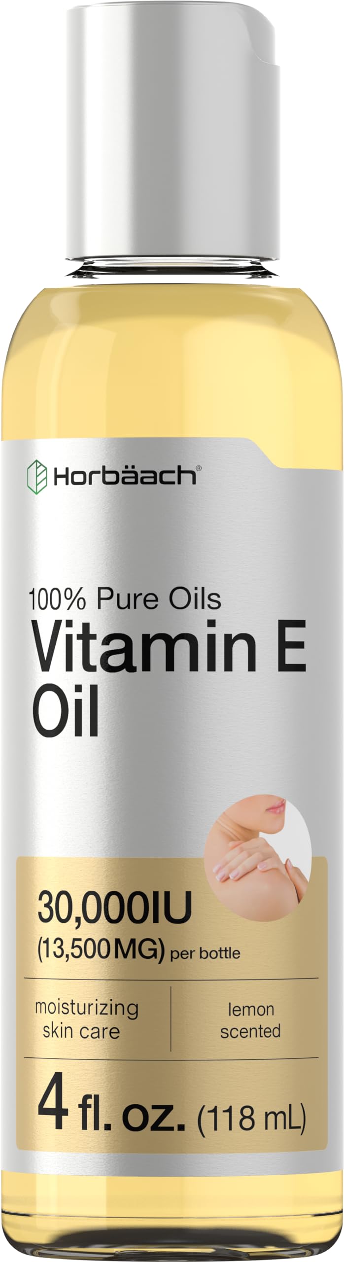 Horbäach Vitamin E Oil For Skin and Face | 4 fl oz | 100% Pure Oils | Moisturizing Skin Care | Non-GMO, Vegetarian | Lemon Scented