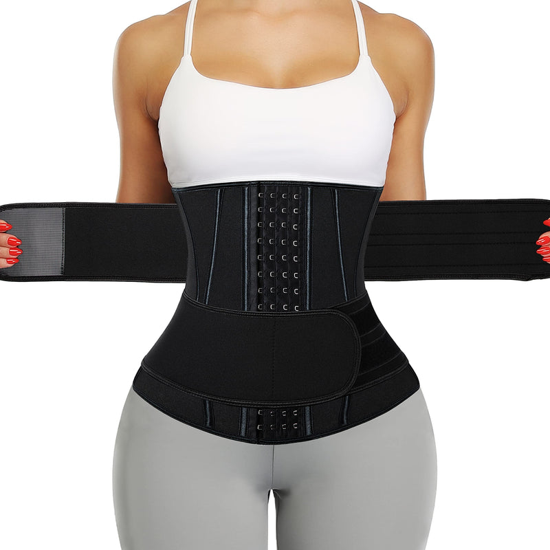 KIWI RATA Neoprene Sauna Waist Trainer Corset Sweat Belt for Women Compression Cincher Band Workout Fitness Back Support Medium #3 Hooks Black(13 X-steel Bones 2 Straps)