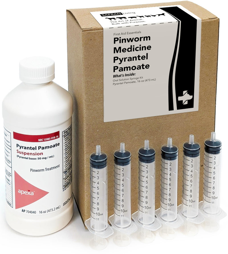 Pinworm Medicine Pyrantel Pamoate - Pint (473 mL) w/Six Oral Syringes (10 cc, 10 mL, 2 TSP.) - Worm Out Parasite Cleanse Detox Purge - BeesActive Australia