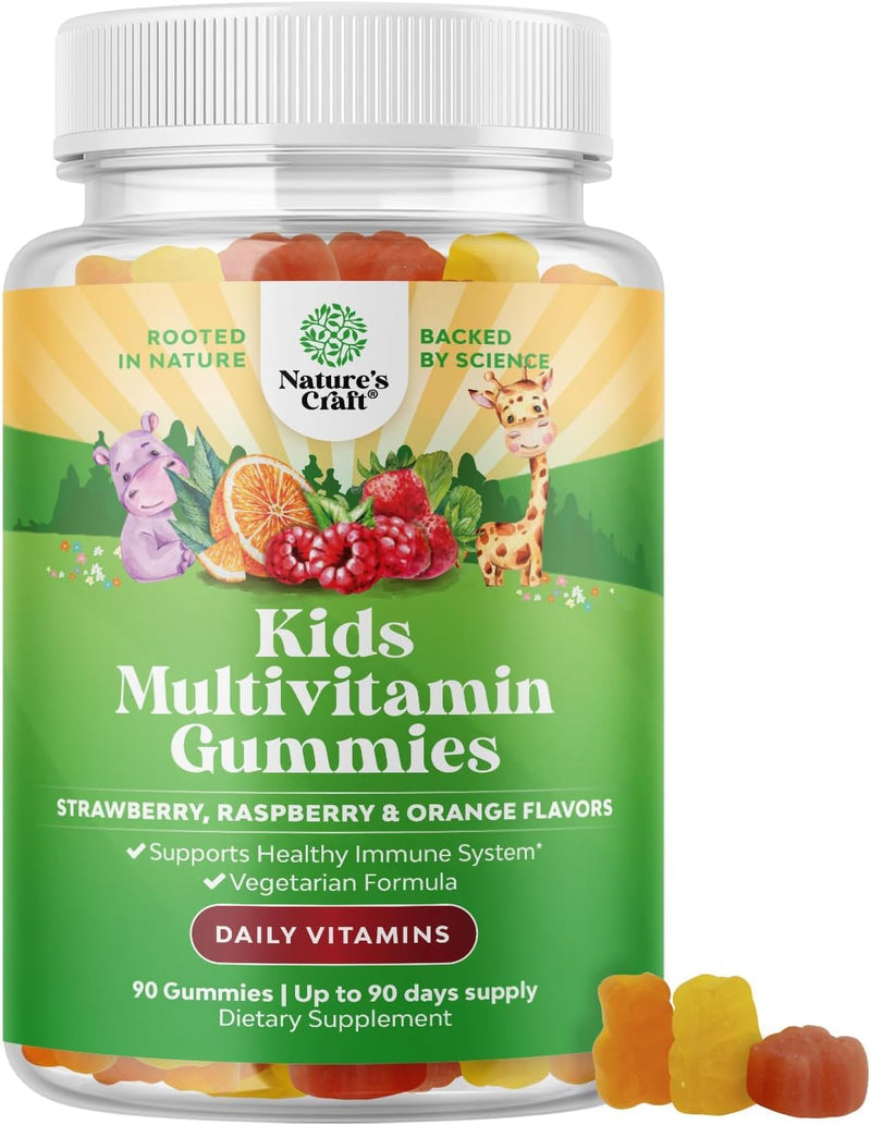 Plant Based Kids Multivitamin Gummies - Energy & Immune Support - 90 Ct | Multivitamin for Kids with Vitamin D3, C, A & Zinc - Supports Nervous System, Bones & Vision - Gelatin & Gluten Free -Non GMO 90 Count (Pack of 1)