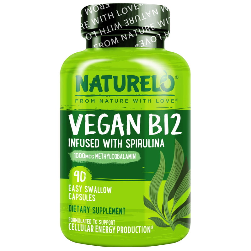 NATURELO Vegan B12 - Methylcobalamin, 90 Capsules | Organic Spirulina, Methyl B12 1000 mcg, Supports Healthy Mood, Energy, Heart & Eye Health, Vitamin B12 1000 mcg Unflavored 90 Count (Pack of 1)