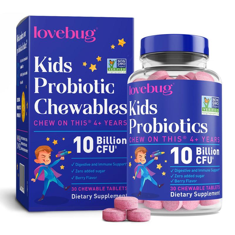 LOVEBUG Probiotics for Kids – Probiotic Chewables with Prebiotic Fiber for Age 4+,Daily Children's Gut Health & Digestive Support Supplement, Sugar-Free Berry Flavor, 30 Count 30 Count (Pack of 1)