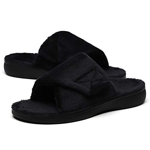 SOLLBEAM Women's Plantar Fasciitis Fuzzy House Orthopedic Adjustable Slippers With Arch Support Orthotic Heel Cup Sandals For Ladies 11 Black