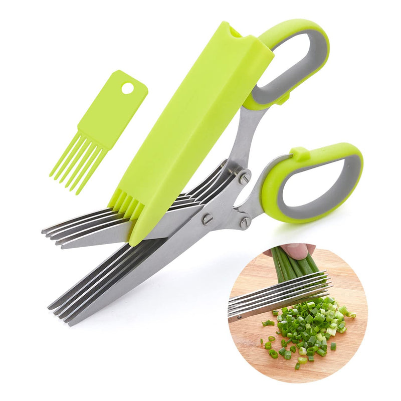 LHS Herb Scissors with 5 Multi Stainless Steel Blades and Safe Cover Kitchen Gadgets Cutter, Kitchen Chopping Shear, Mincer, Sharp Dishwasher Safe Kitchen Gadget, Culinary Cutter Green - BeesActive Australia