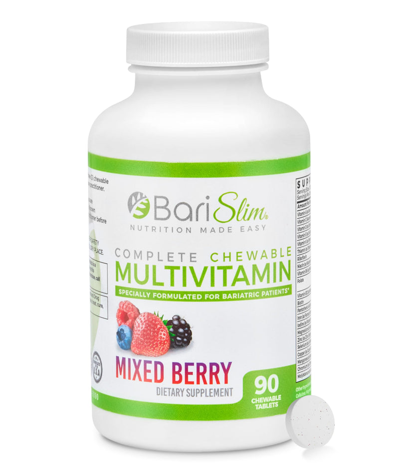 BariSlim Complete Chewable Bariatric Multivitamin Tablets - 45 mg Iron - Bariatric Vitamin & Supplement for Post Bariatric Surgery Including Gastric Bypass & Gastric Sleeve | Mixed Berry | 90 Tablets
