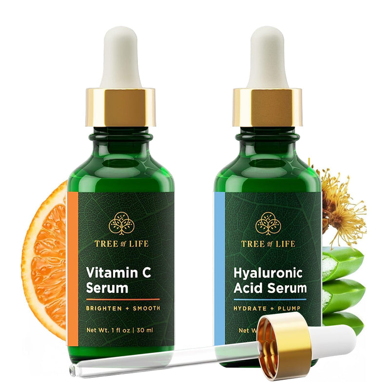 Tree of Life Beauty Facial Skin Care Set, Brightening, Firming, Hydrating, Dry Face, Dermatologist Tested - Vitamin C and Hyaluronic Acid Facial Serum - Skin Care Kit, 2 count of 1 Fl Oz Rejuvenation Duo