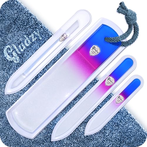 GLADZY Genuine Czech Glass Nail File Set - Callus Remover Foot Rasp, Cuticle Pusher Manicure Stick, Double Sided Etched Different Grit Surface, Professional Nail Care Tool, Made in EU All-in-one Set - Aqua Magenta
